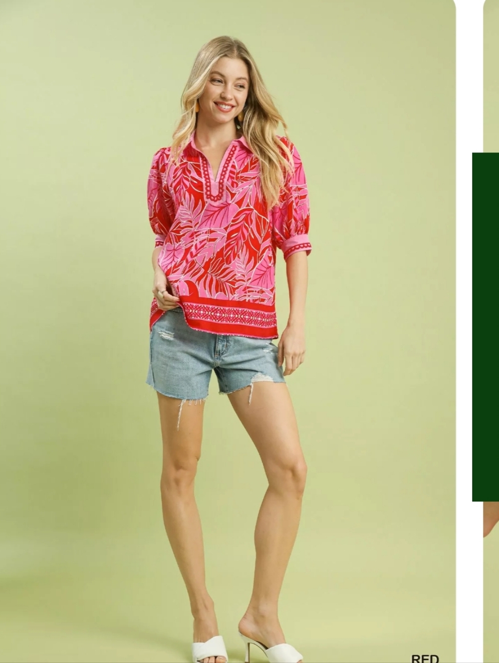 Umgee Pink & Red Printed V-Neck Blouse - Picture 5 of 8